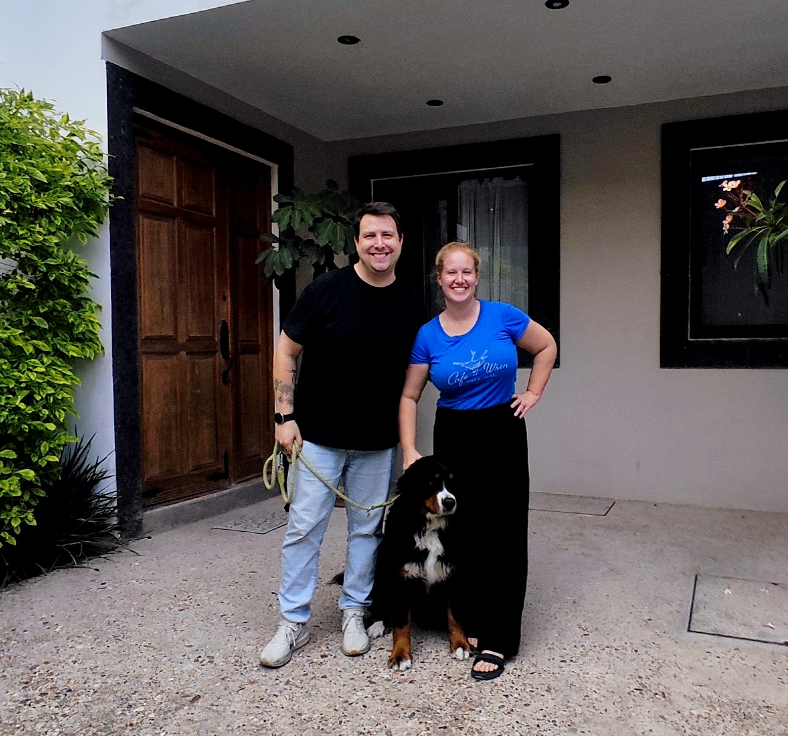 Couple with their Bernese mountain dog at their new San Miguel rental